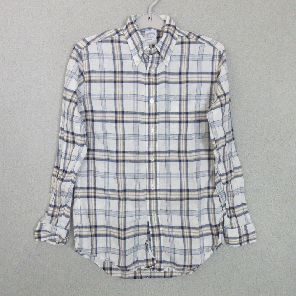 Brooks Brothers REGENT Irish Linen Shirt Plaid Button Down Long Sleeve Mens S